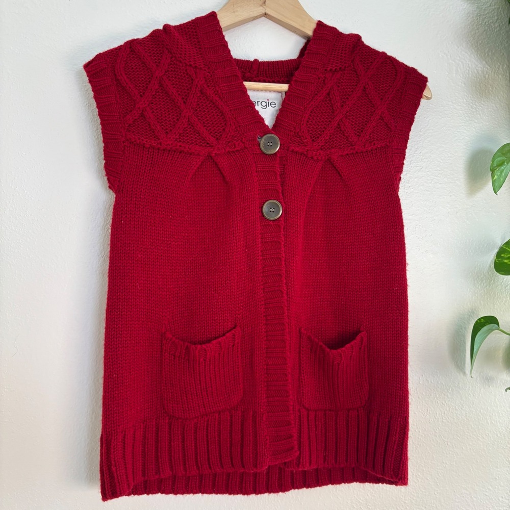 Y2K red sweater tank buttons hooded XS